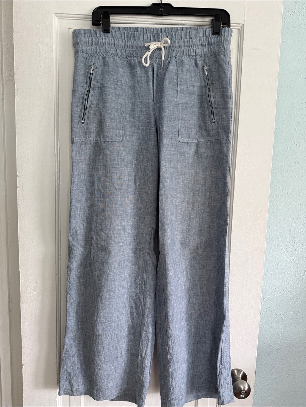 Women’s Athleta Cabo Linen Pants, Wide-Leg, Drawstring, Light Blue